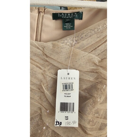 NWT Lauren Ralph Lauren Evening Dress  Gold Sequin Ruched Mesh Holiday Cocktail - Picture 3 of 9